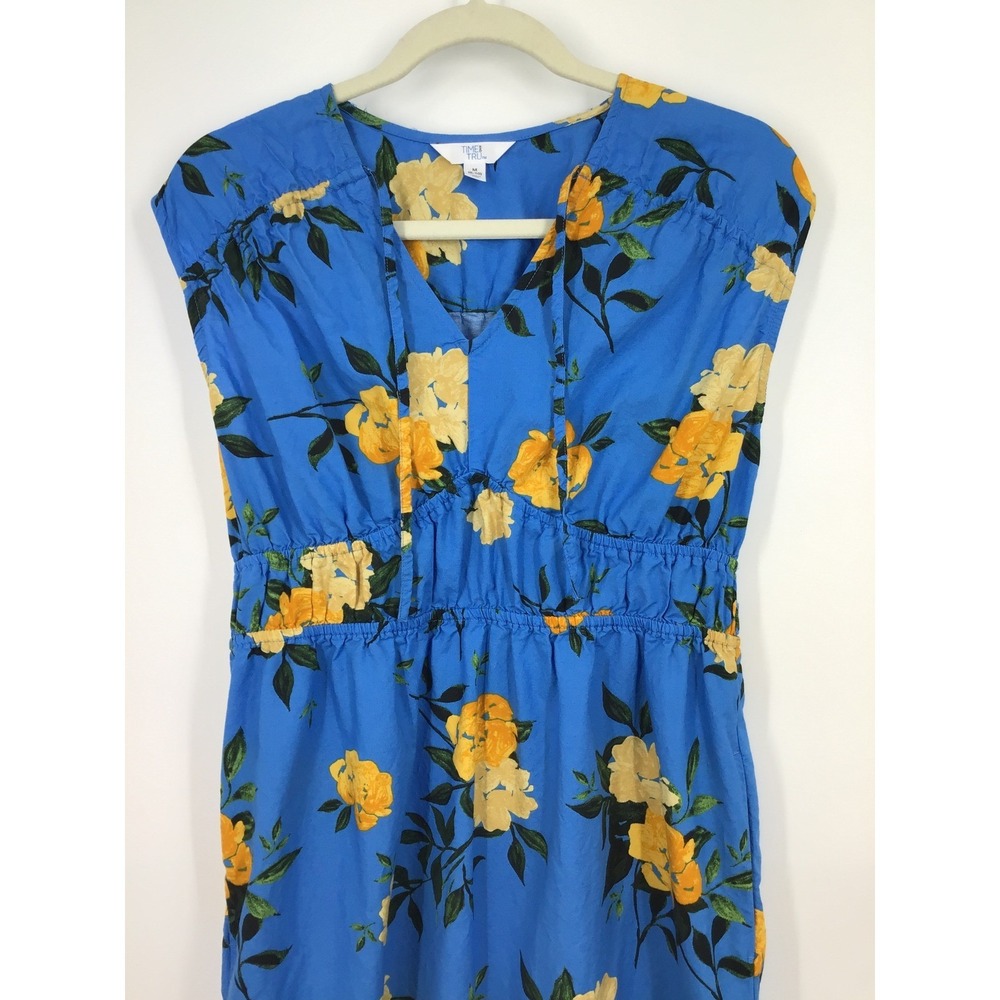 Time and Tru Blue Yellow Floral Sleeveless Dress w/ Pockets Tiered Hem Size M (8 - Picture 4 of 9